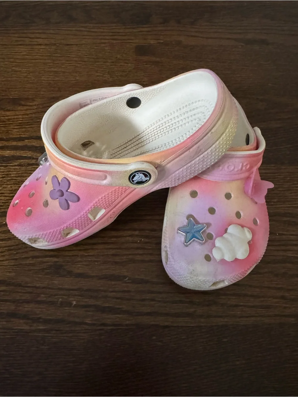 CROCS Kids Pink Tie-Dye Clogs with Rainbow and Cloud Charms